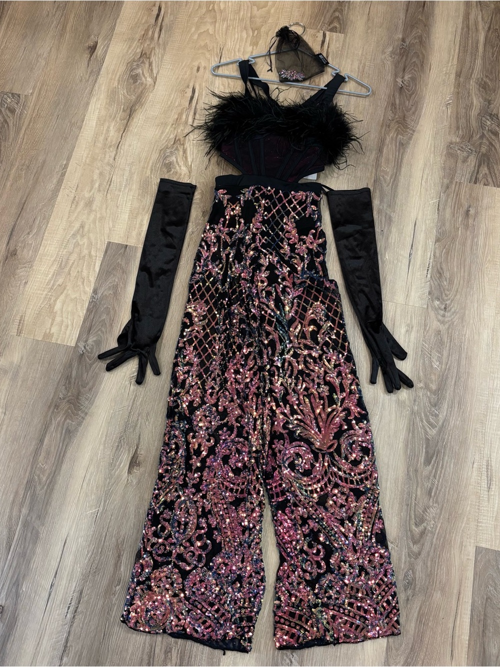 Tenth House Embellished Sequin Wide-Leg dance Jumpsuit with Feather Bodice -PA